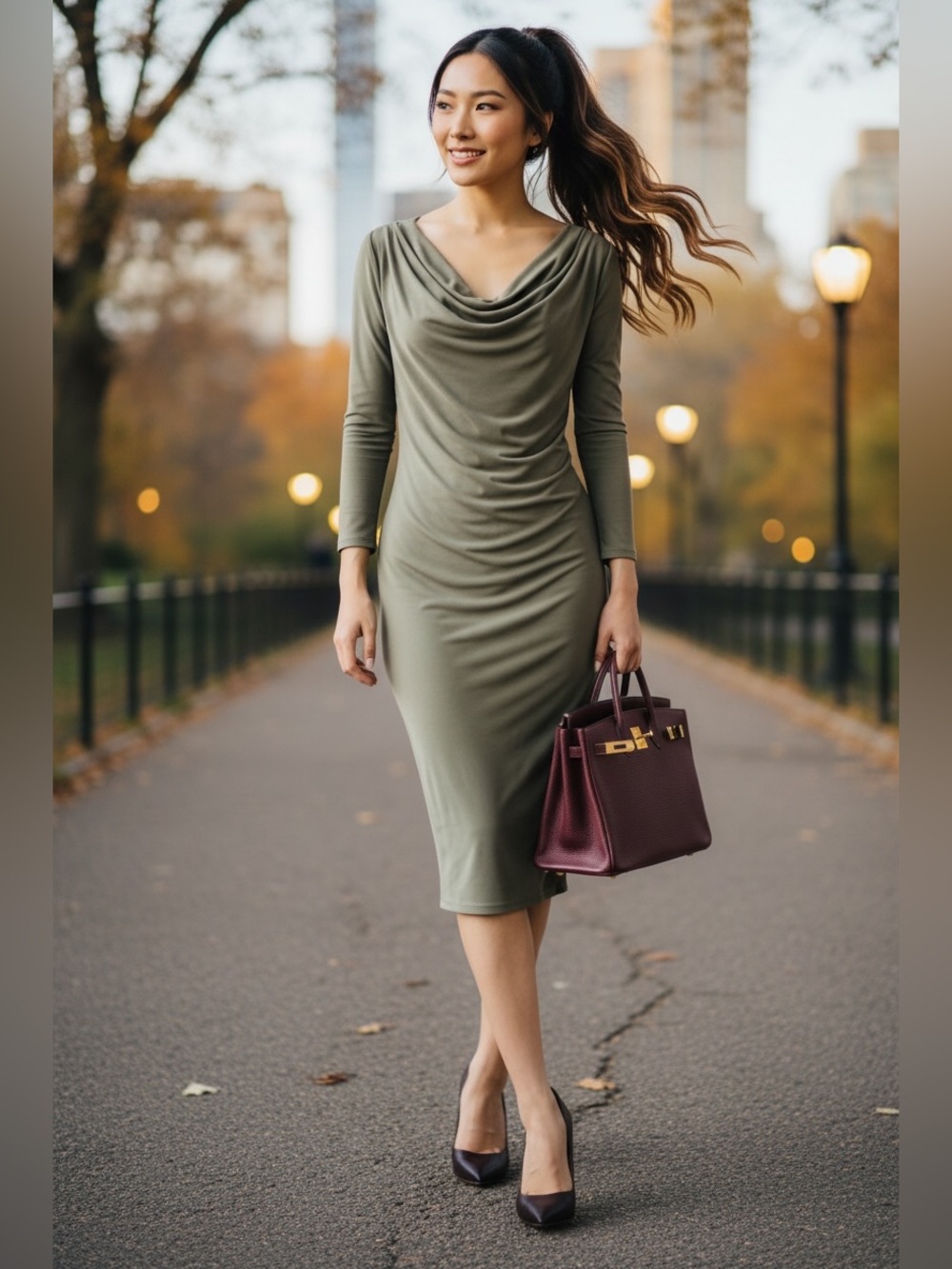 Calvin Klein Sage Green Cowl Neck Midi Dress Lined | Draped Long Sleeve | SIZE 6